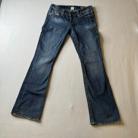 Silver Pioneer Bootcut Jeans Womens 29x31 Distressed Medium to Light Wash Stitch - Picture 2 of 9